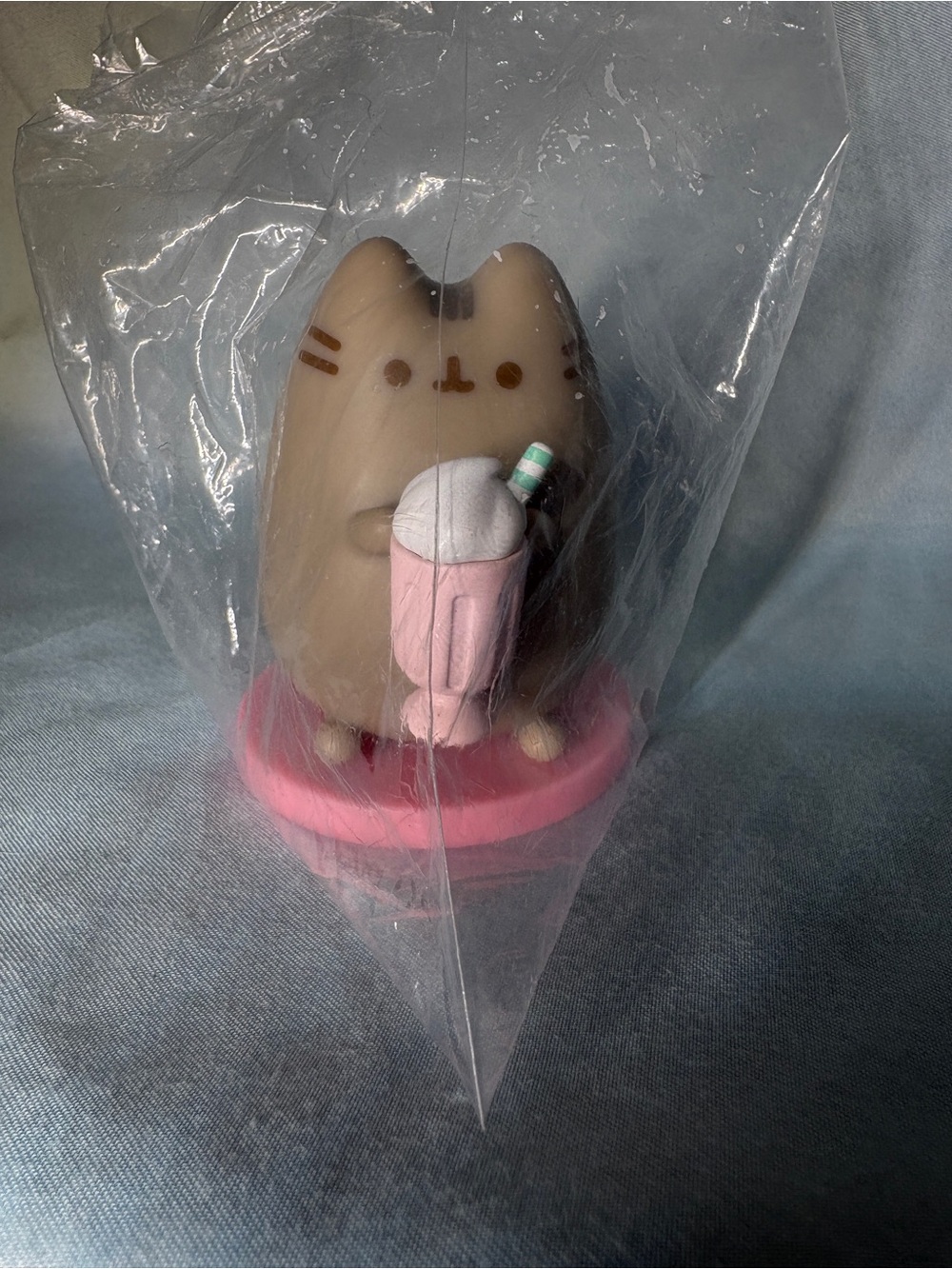 Pusheen Brown Cat Figure with Pink Milkshake and Pink Base